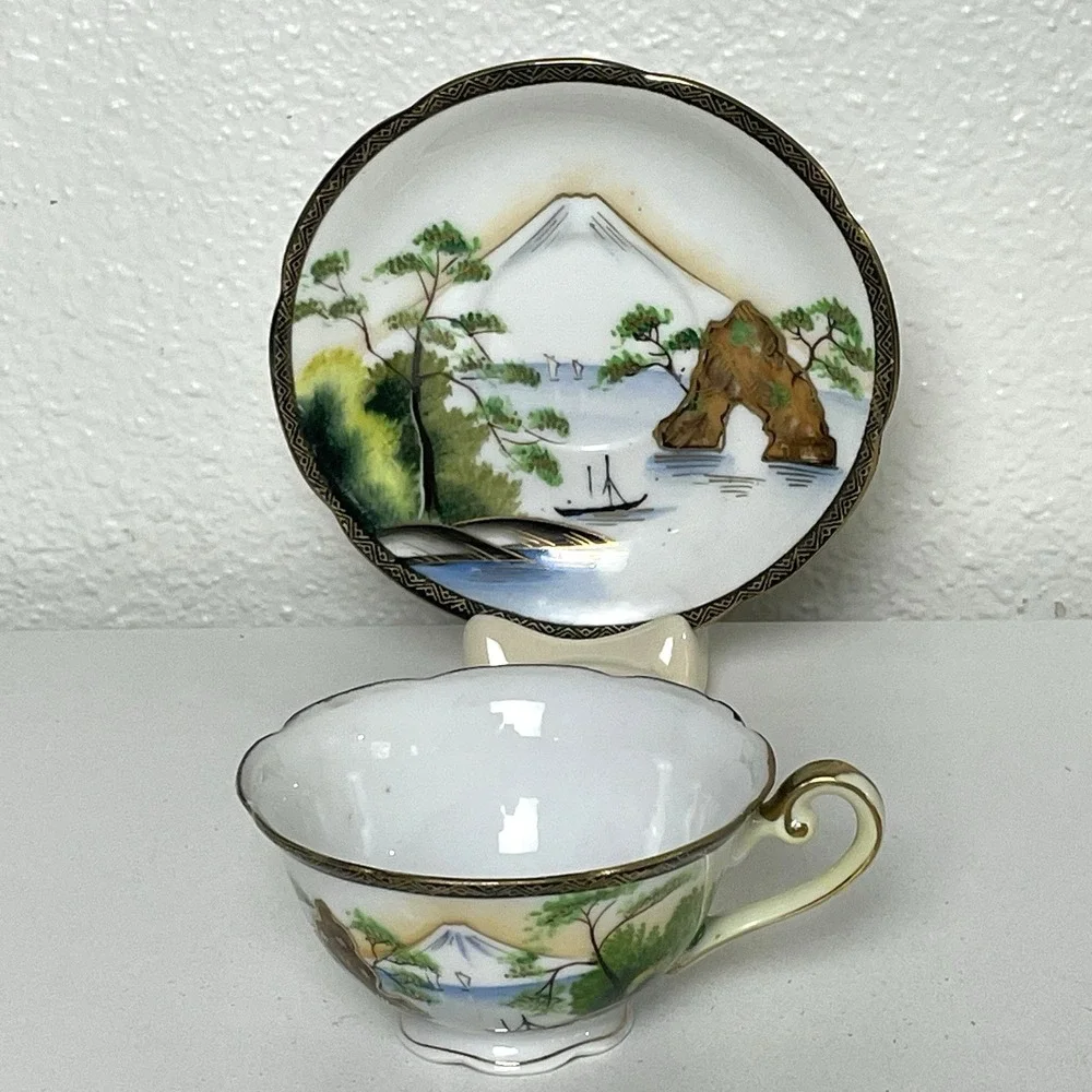 Vintage 1950s Japan Hand Painted Porcelain Teacup Saucer Japanese Design 5 oz